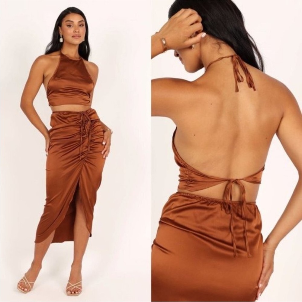 Mabel x Petal & Pup | NWT Angelique Cognac Open Back Satin Matching Set Size M